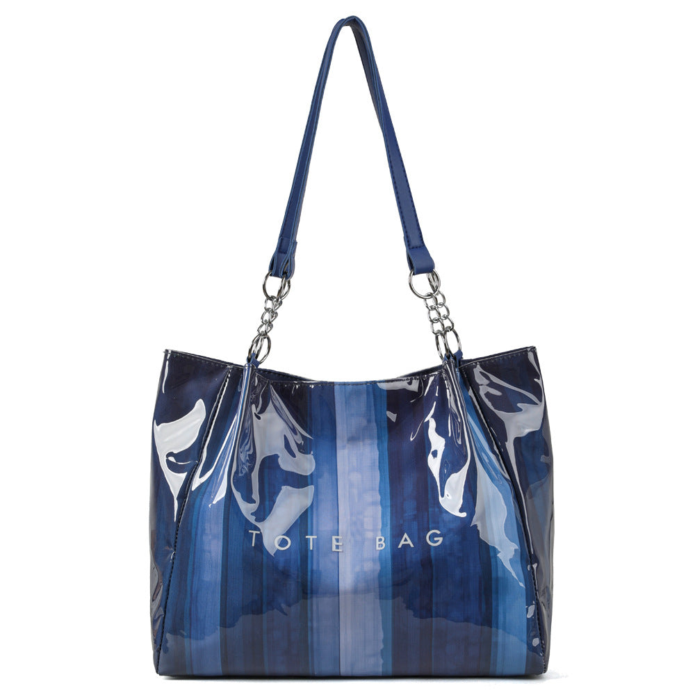 Glossy Ombre Stripe Shoulder Tote Bag - Blue