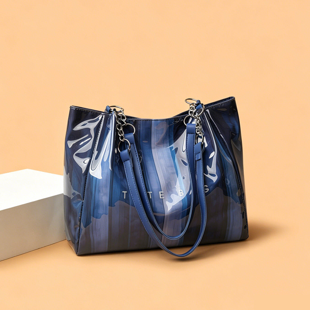 Glossy Ombre Stripe Shoulder Tote Bag - Blue - 1