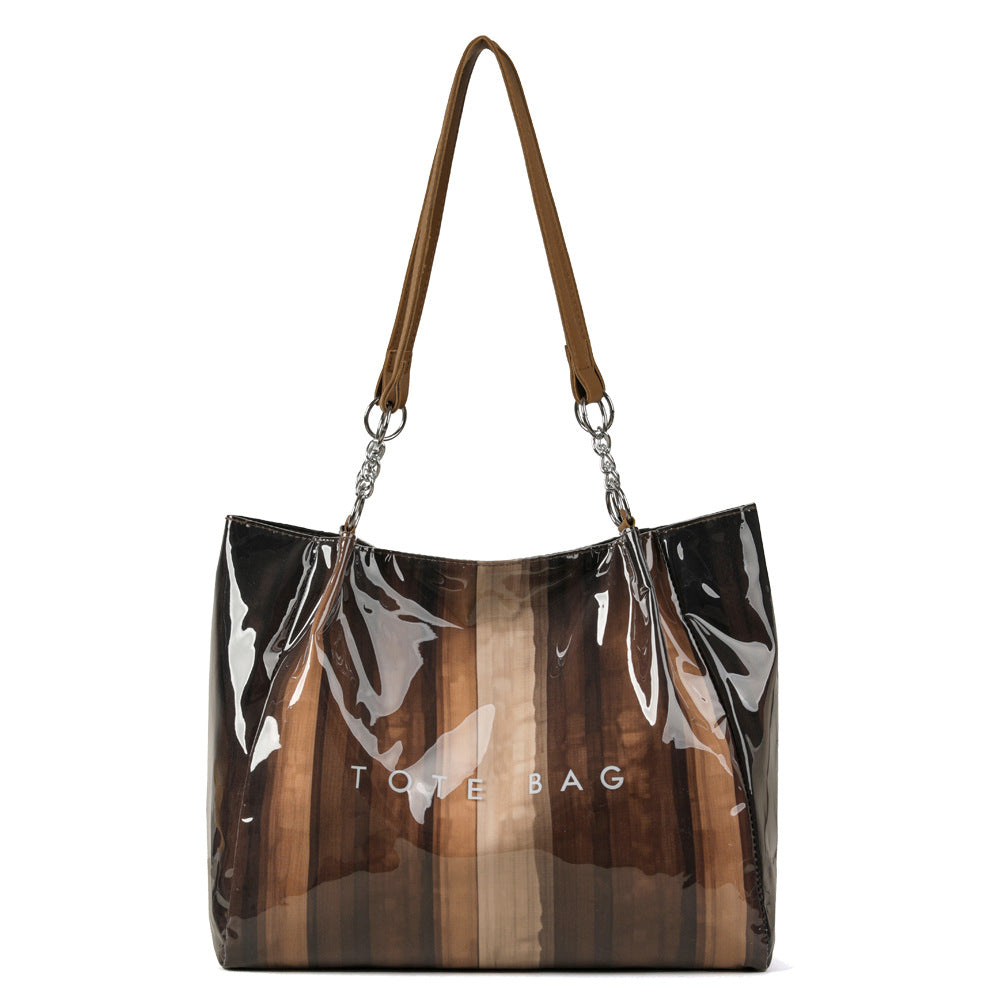 Glossy Ombre Stripe Shoulder Tote Bag - Brown