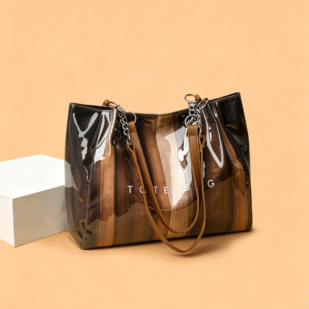 Glossy Ombre Stripe Shoulder Tote Bag - Brown - 1