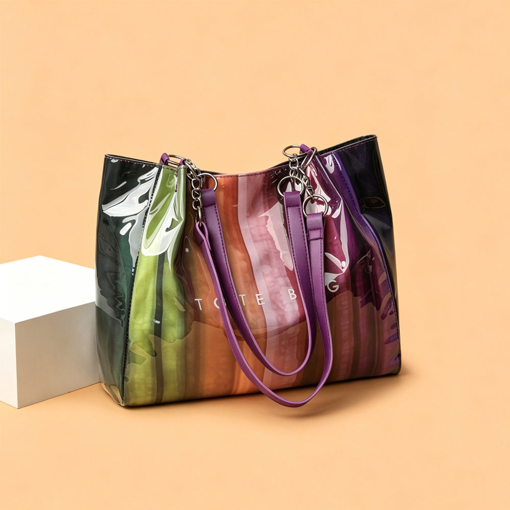 Glossy Ombre Stripe Shoulder Tote Bag - Purple - 1