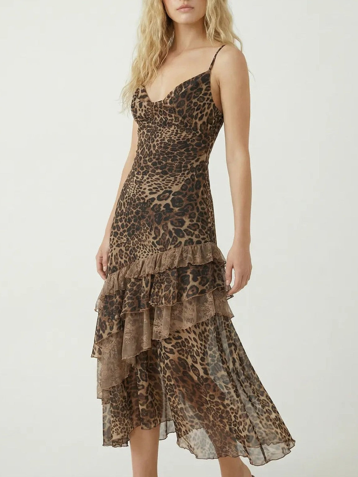 Tiered Ruffle Maxi Slip Dress In Animal Print - Leopard
