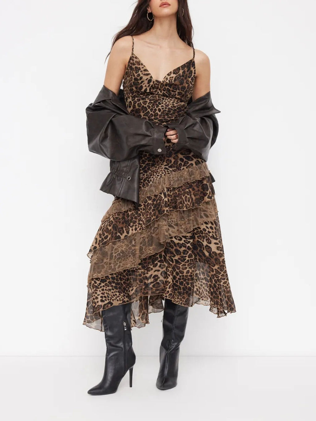Tiered Ruffle Maxi Slip Dress In Animal Print - Leopard - 6