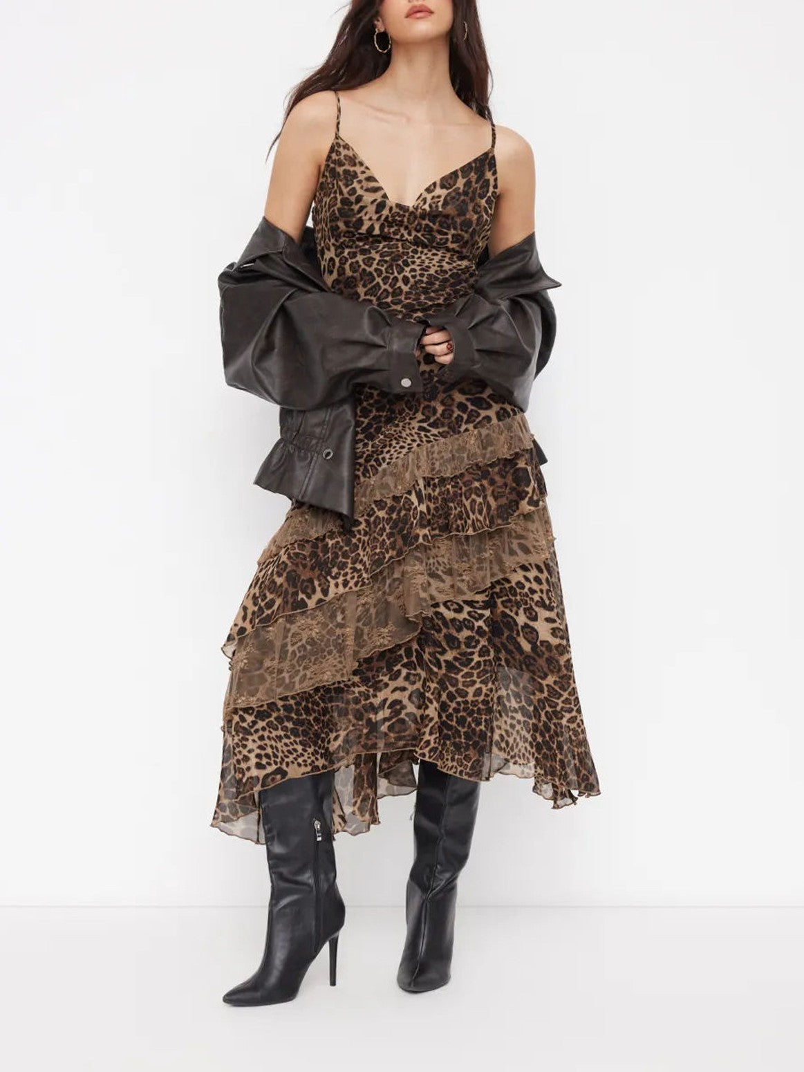 Tiered Ruffle Maxi Slip Dress In Animal Print - Leopard - 6
