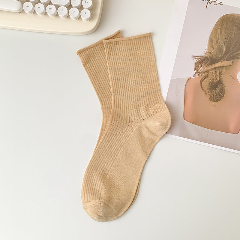 Ribbed Roll Cuff Mesh Crew Socks - Apricot