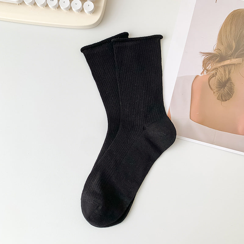Ribbed Roll Cuff Mesh Crew Socks - Black