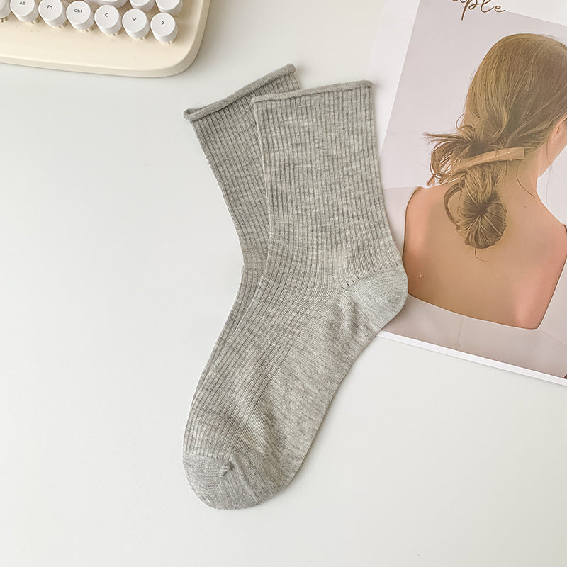 Ribbed Roll Cuff Mesh Crew Socks - Gray