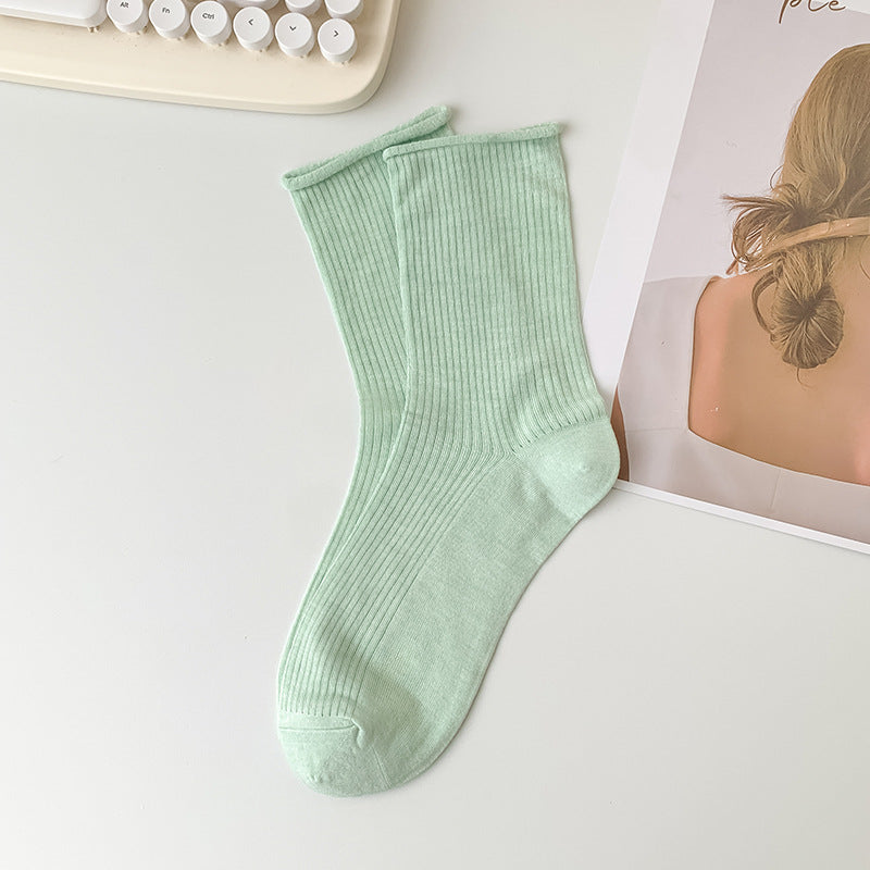 Ribbed Roll Cuff Mesh Crew Socks - Green