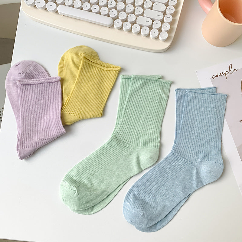 Ribbed Roll Cuff Mesh Crew Socks - Green - 1