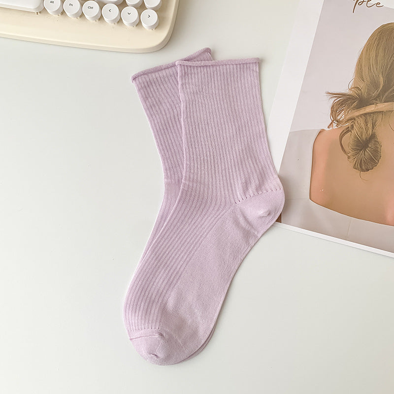 Ribbed Roll Cuff Mesh Crew Socks - Purple