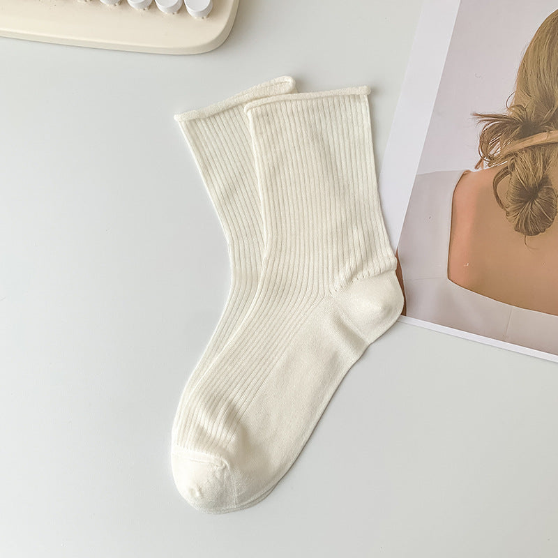 Ribbed Roll Cuff Mesh Crew Socks - White