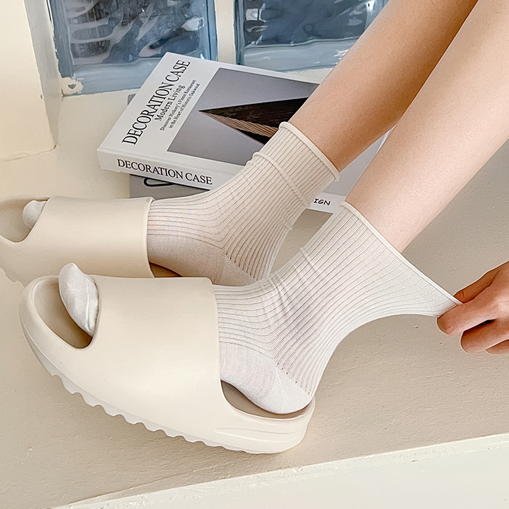 Ribbed Roll Cuff Mesh Crew Socks - White - 1
