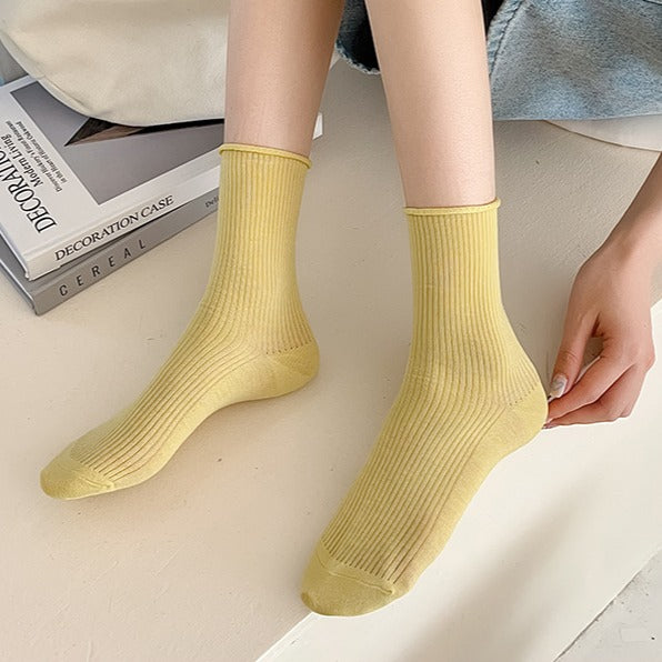 Ribbed Roll Cuff Mesh Crew Socks