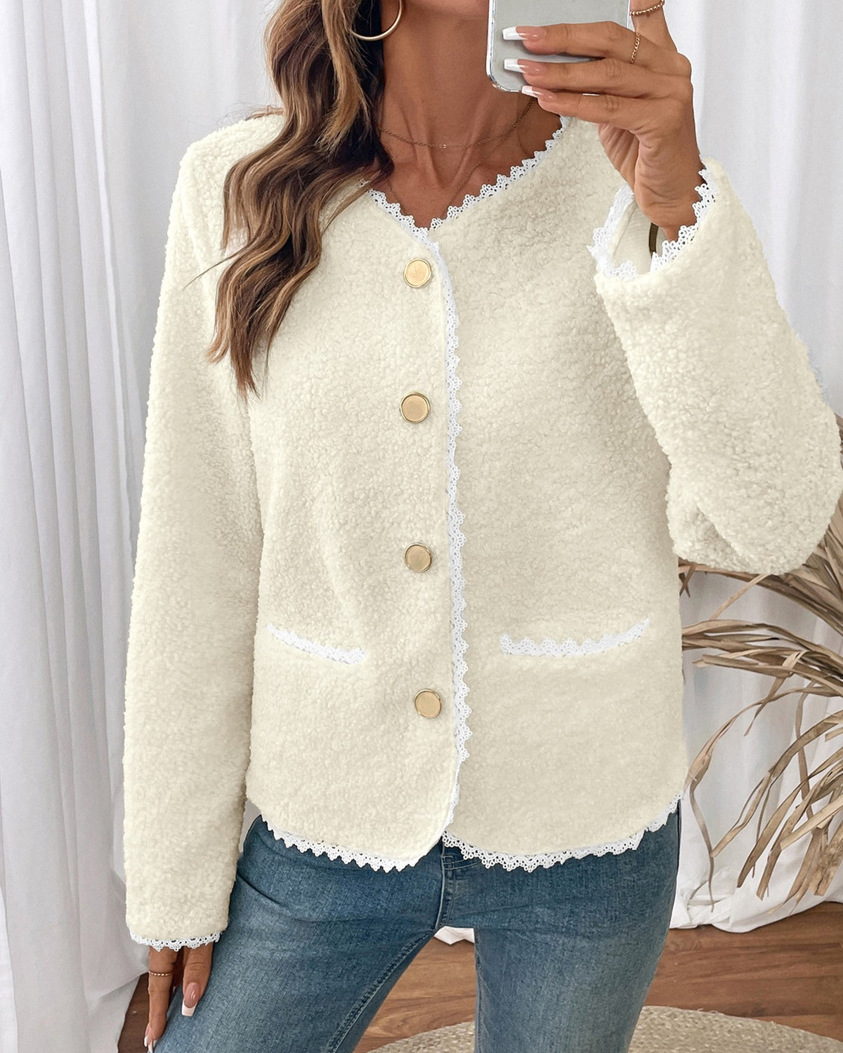 Scalloped Trim Fleece Button Cardigan Jacket - Off-White