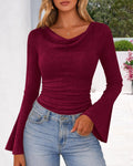 Ribbed Cowl Neck Flared Sleeve Blouse - WineRed
