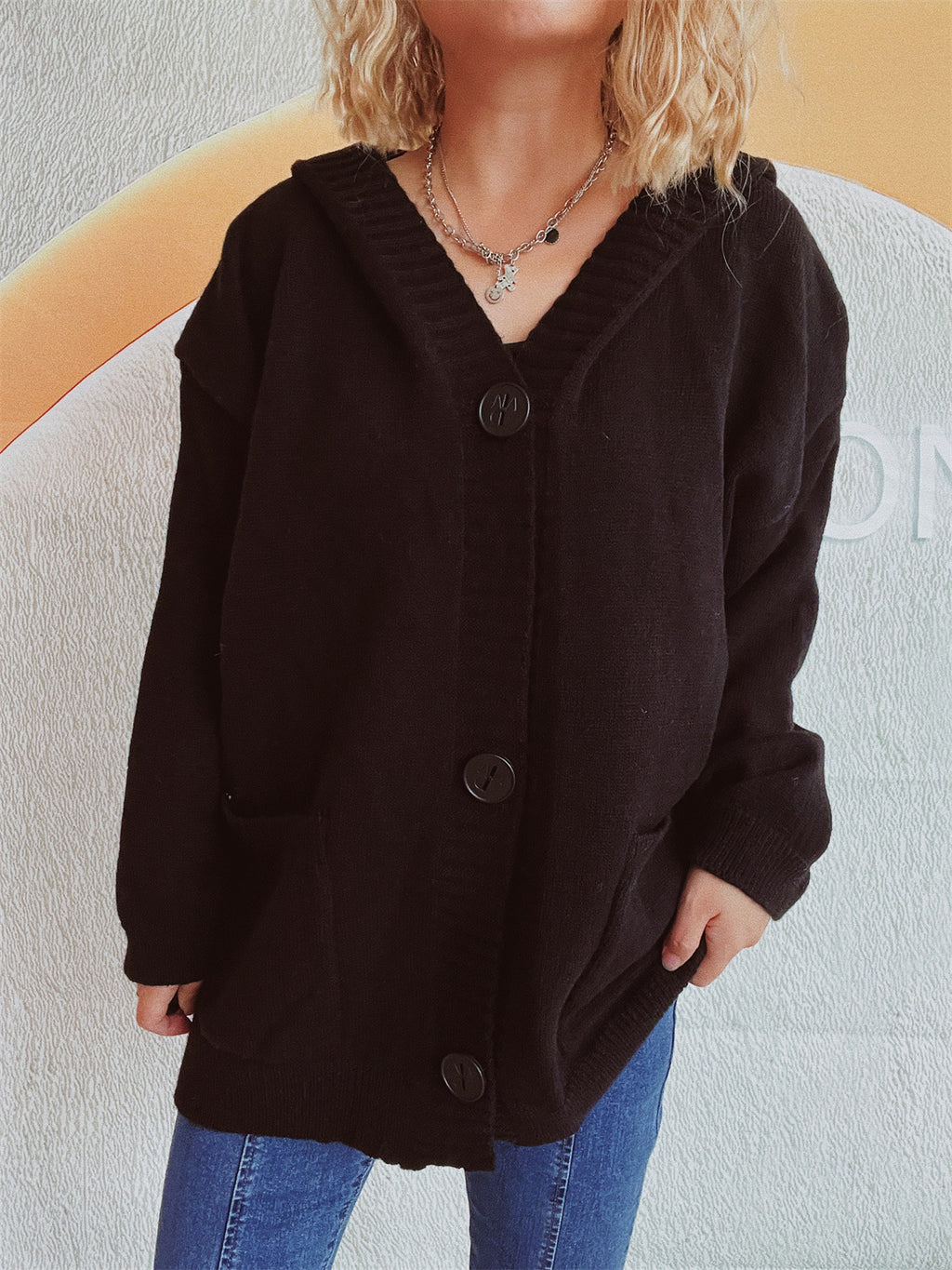 Hooded Knit Cardigan Patch Pockets Buttons - Black