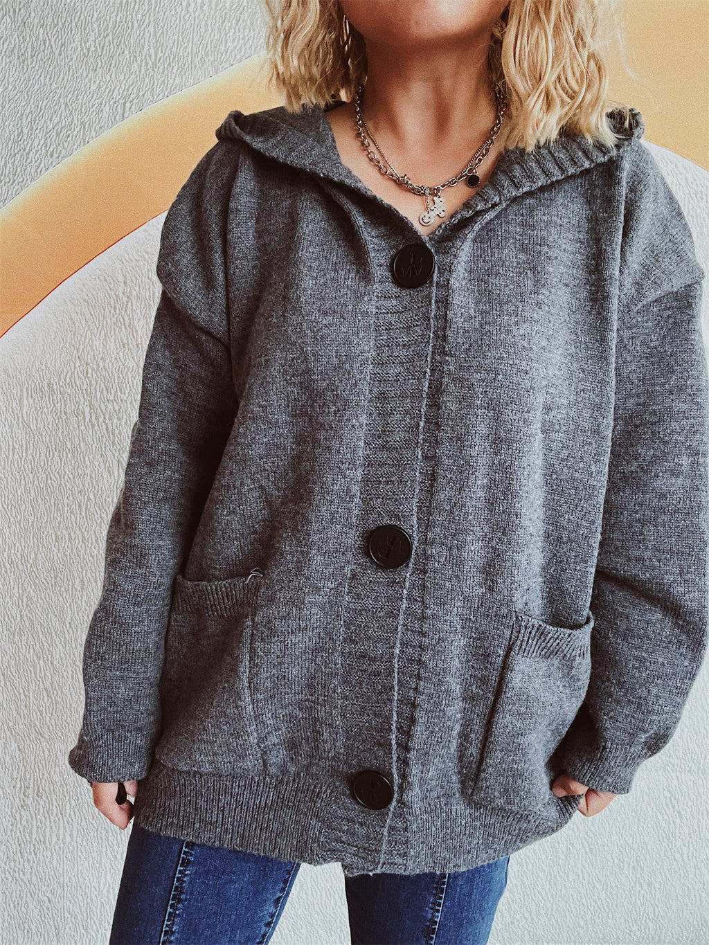 Hooded Knit Cardigan Patch Pockets Buttons - Grey