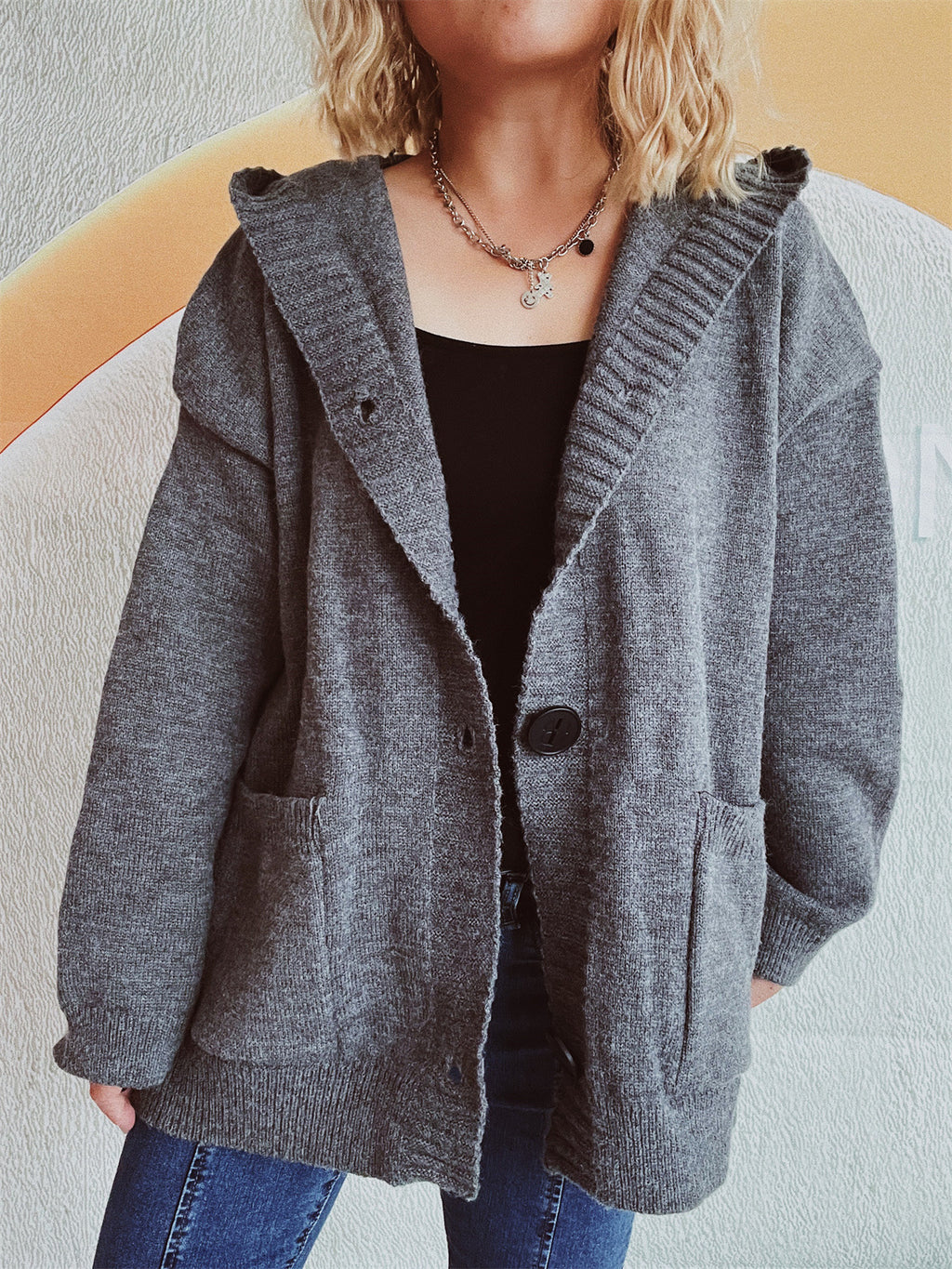 Hooded Knit Cardigan Patch Pockets Buttons - Grey - 1