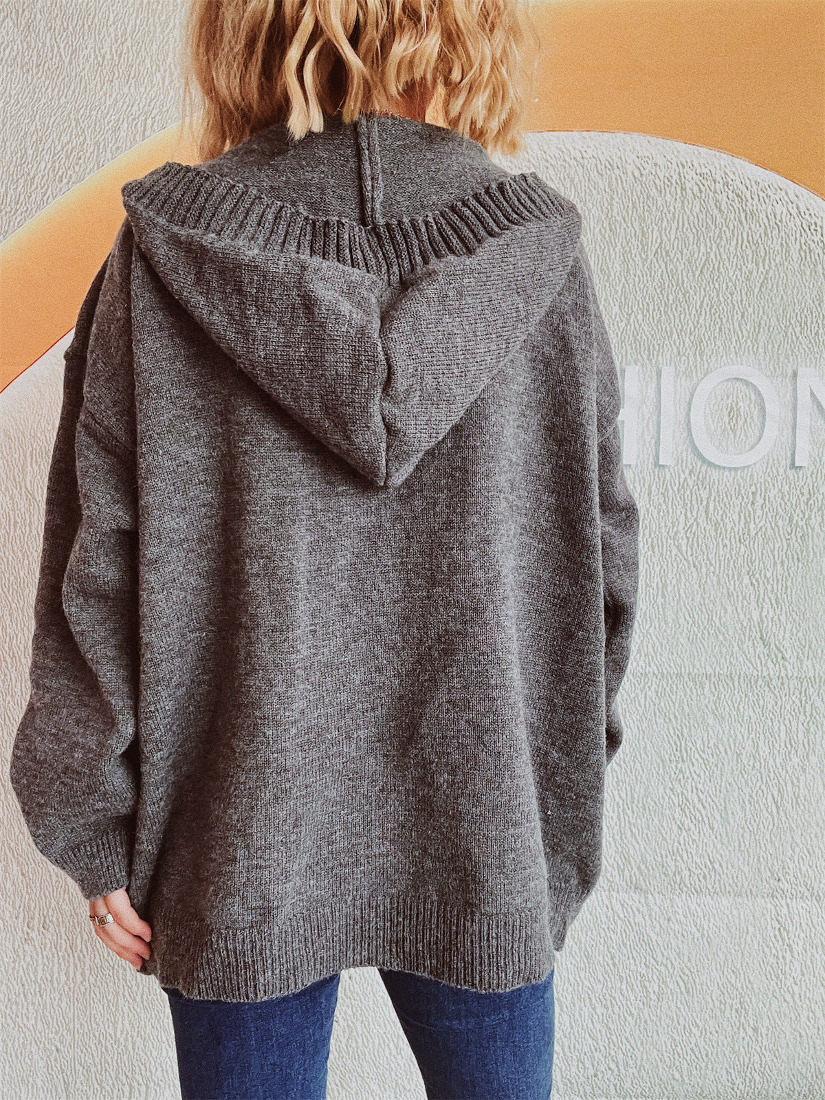Hooded Knit Cardigan Patch Pockets Buttons - Grey - 2