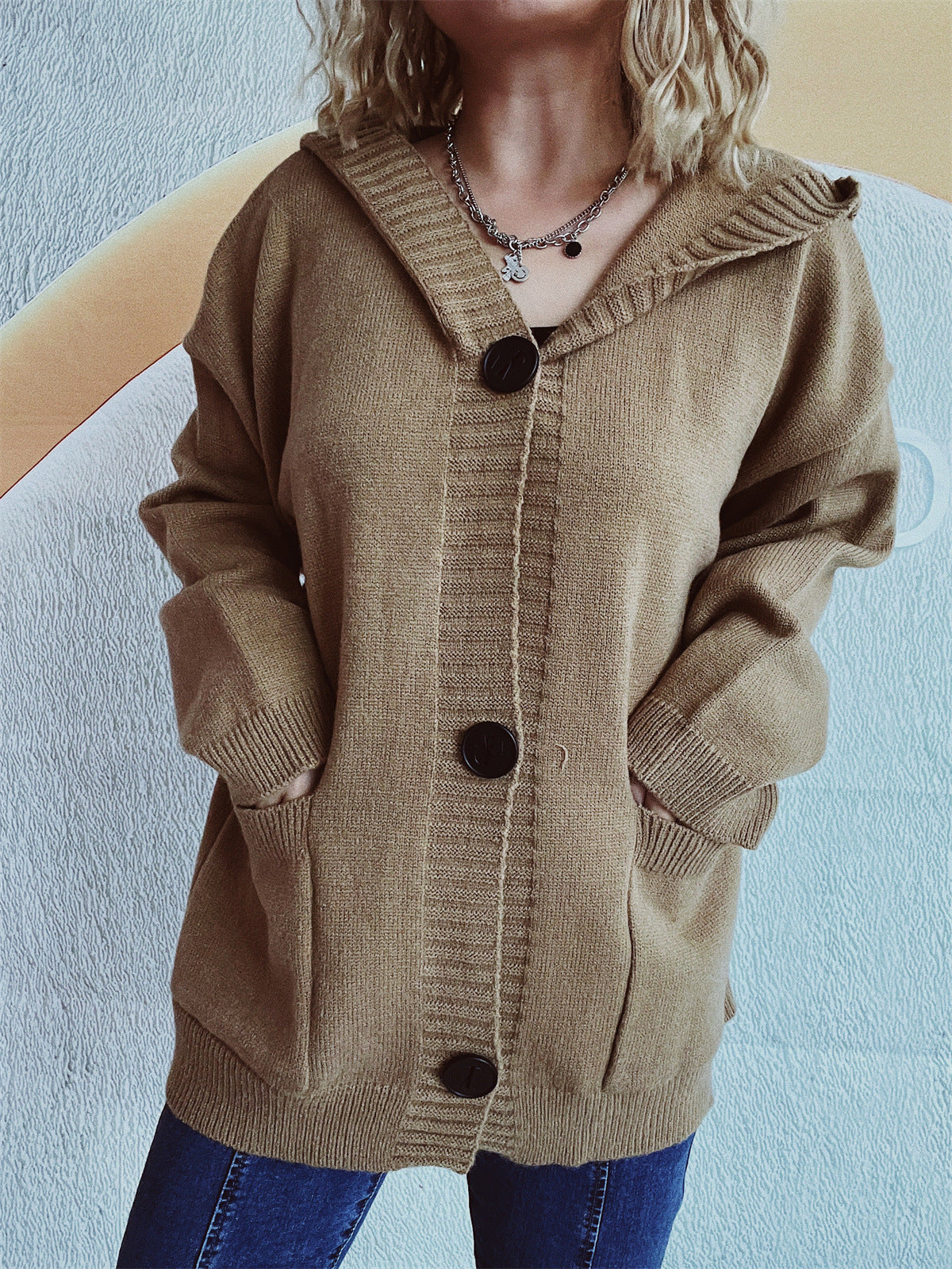 Hooded Knit Cardigan Patch Pockets Buttons - Khaki - 1