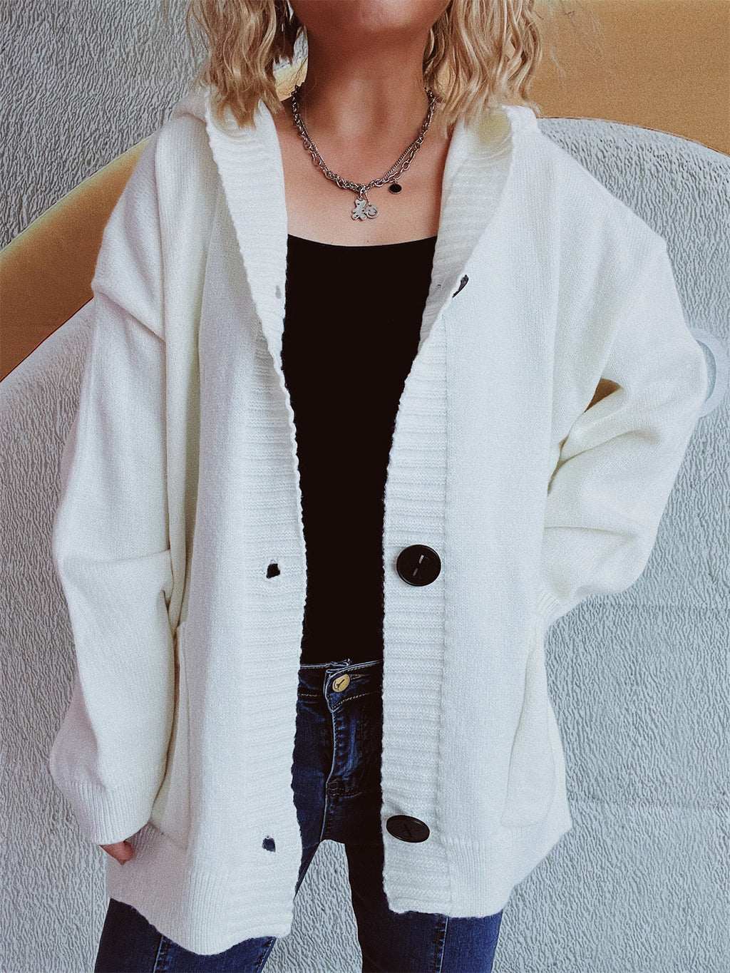 Hooded Knit Cardigan Patch Pockets Buttons - White