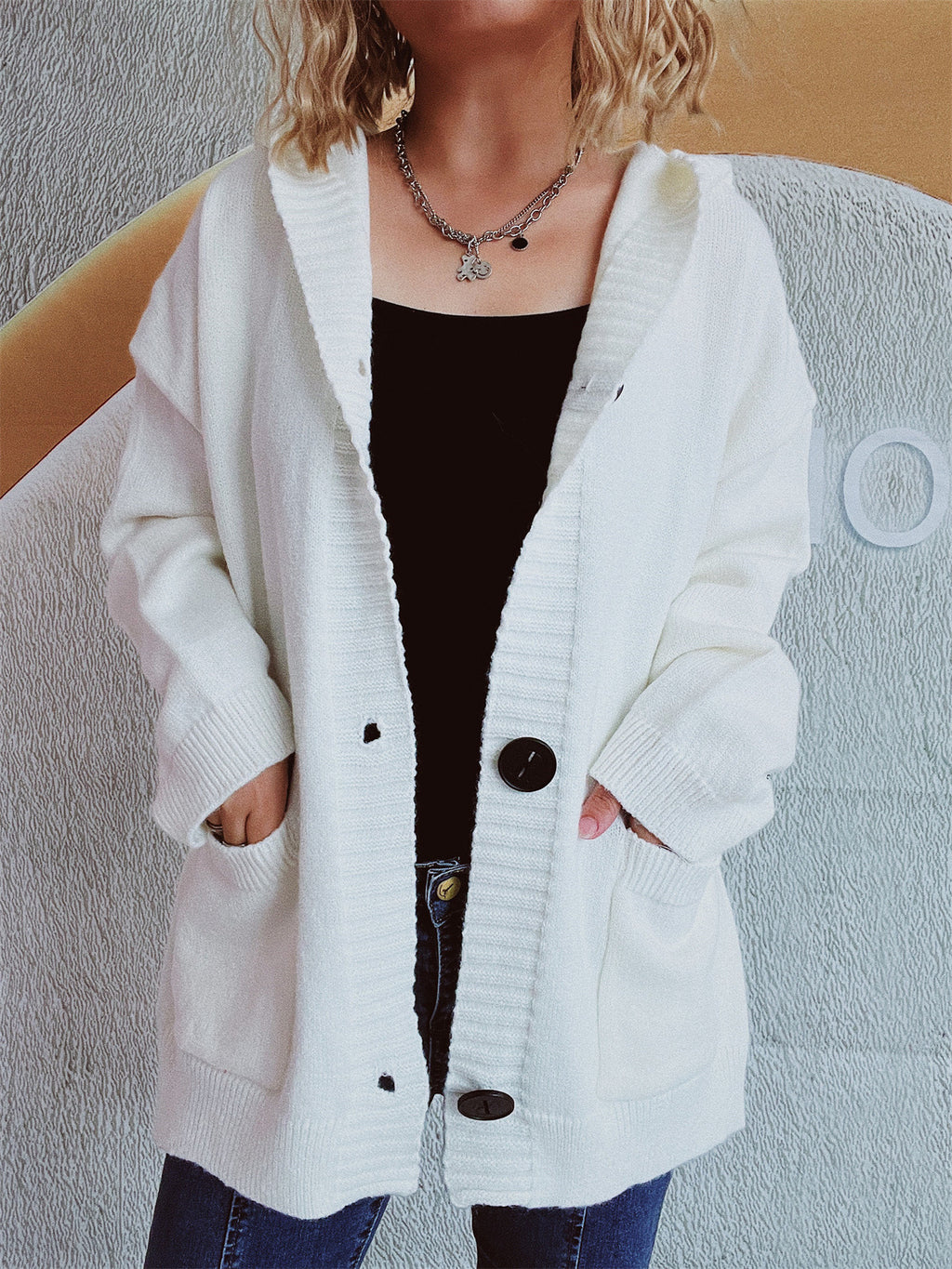 Hooded Knit Cardigan Patch Pockets Buttons - White - 1