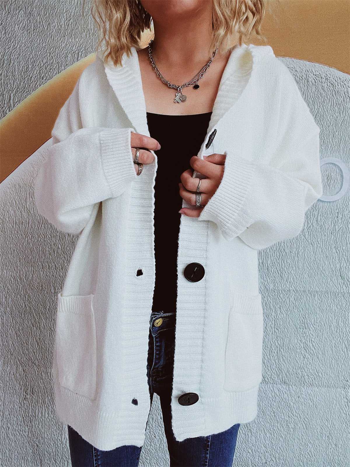 Hooded Knit Cardigan Patch Pockets Buttons - White - 2