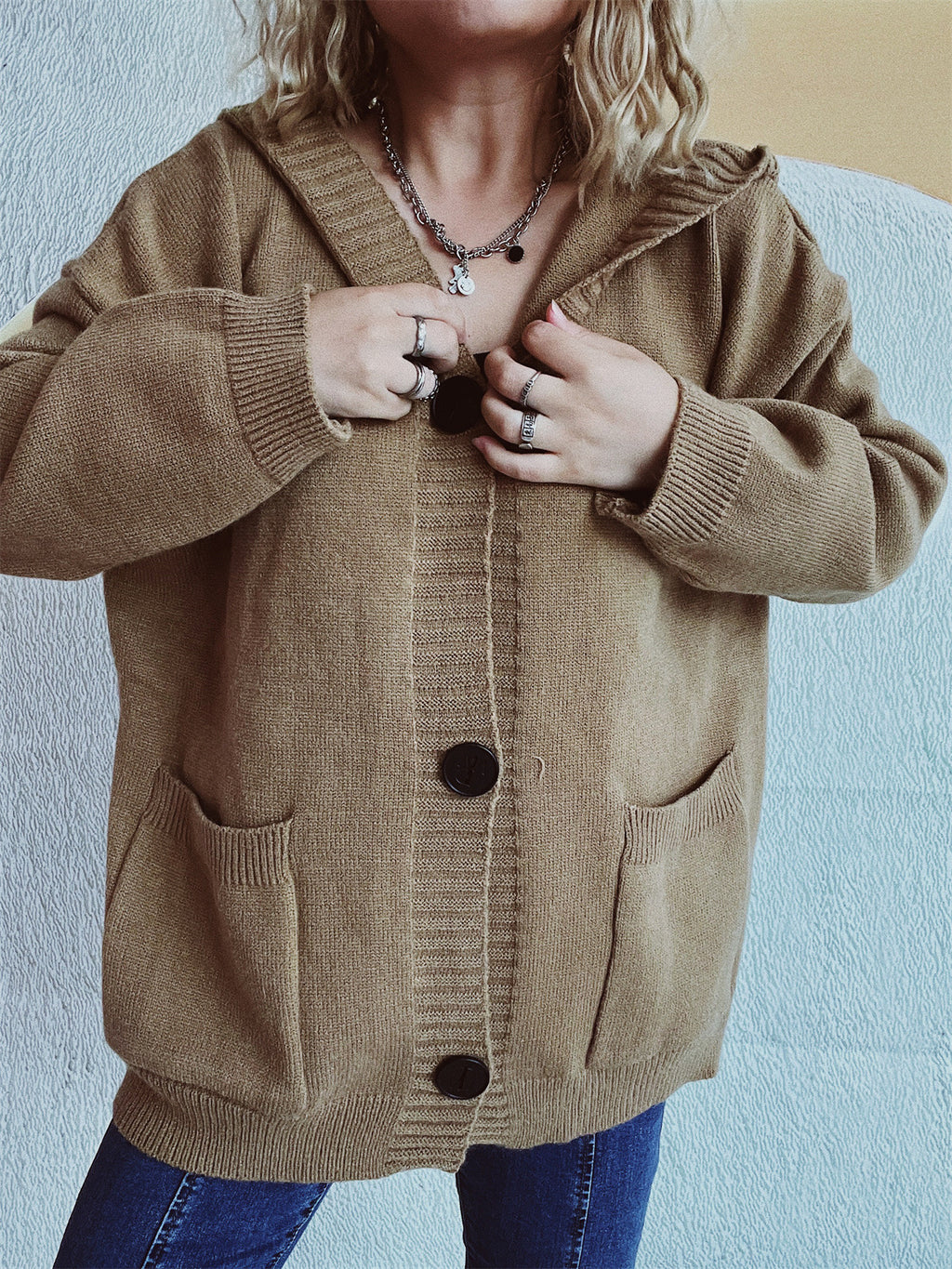 Hooded Knit Cardigan Patch Pockets Buttons - view 1