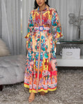 Printed Long Sleeve Belted Maxi Shirt Dress - Decor