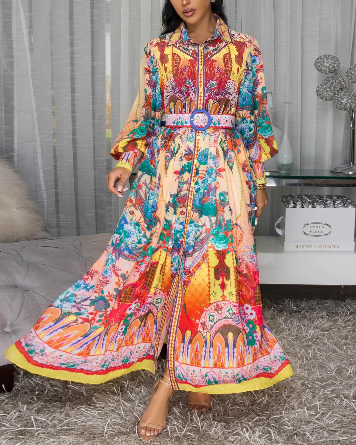 Printed Long Sleeve Belted Maxi Shirt Dress - Decor - 1