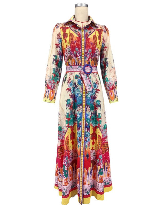 Printed Long Sleeve Belted Maxi Shirt Dress - Decor - 3