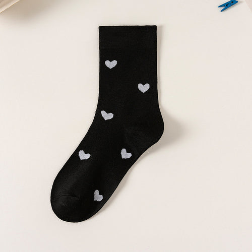Allover Heart Print Ribbed Crew Socks - Black
