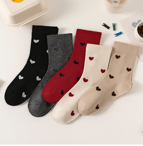Allover Heart Print Ribbed Crew Socks - Khaki