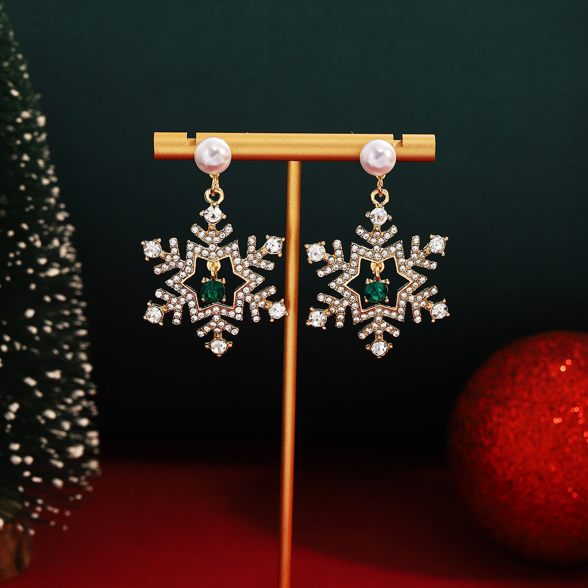 Rhinestone Snowflake Pearl Drop Earrings - view 1
