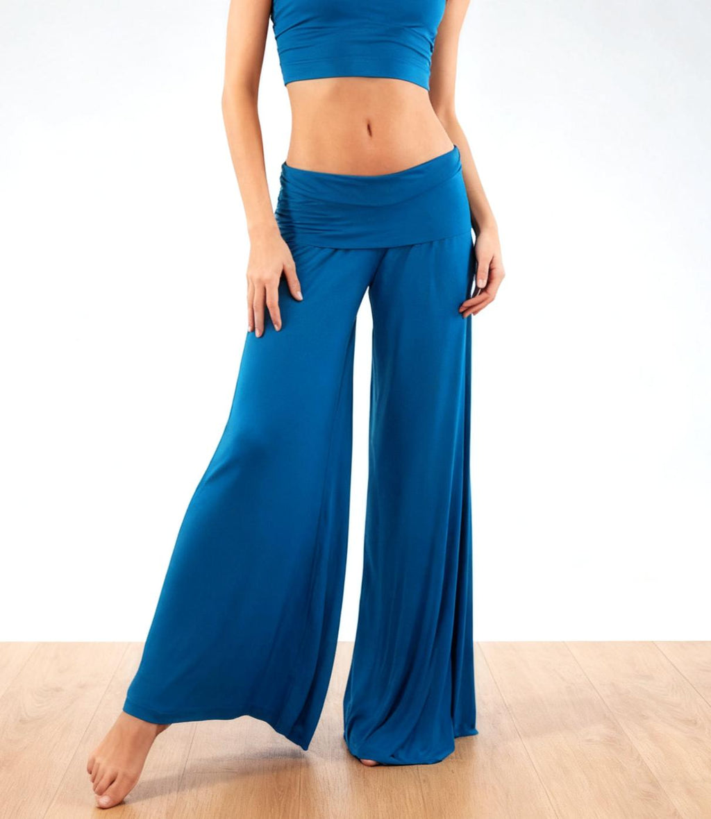 Stretch Jersey Foldover Waist Palazzo Pants - Blue