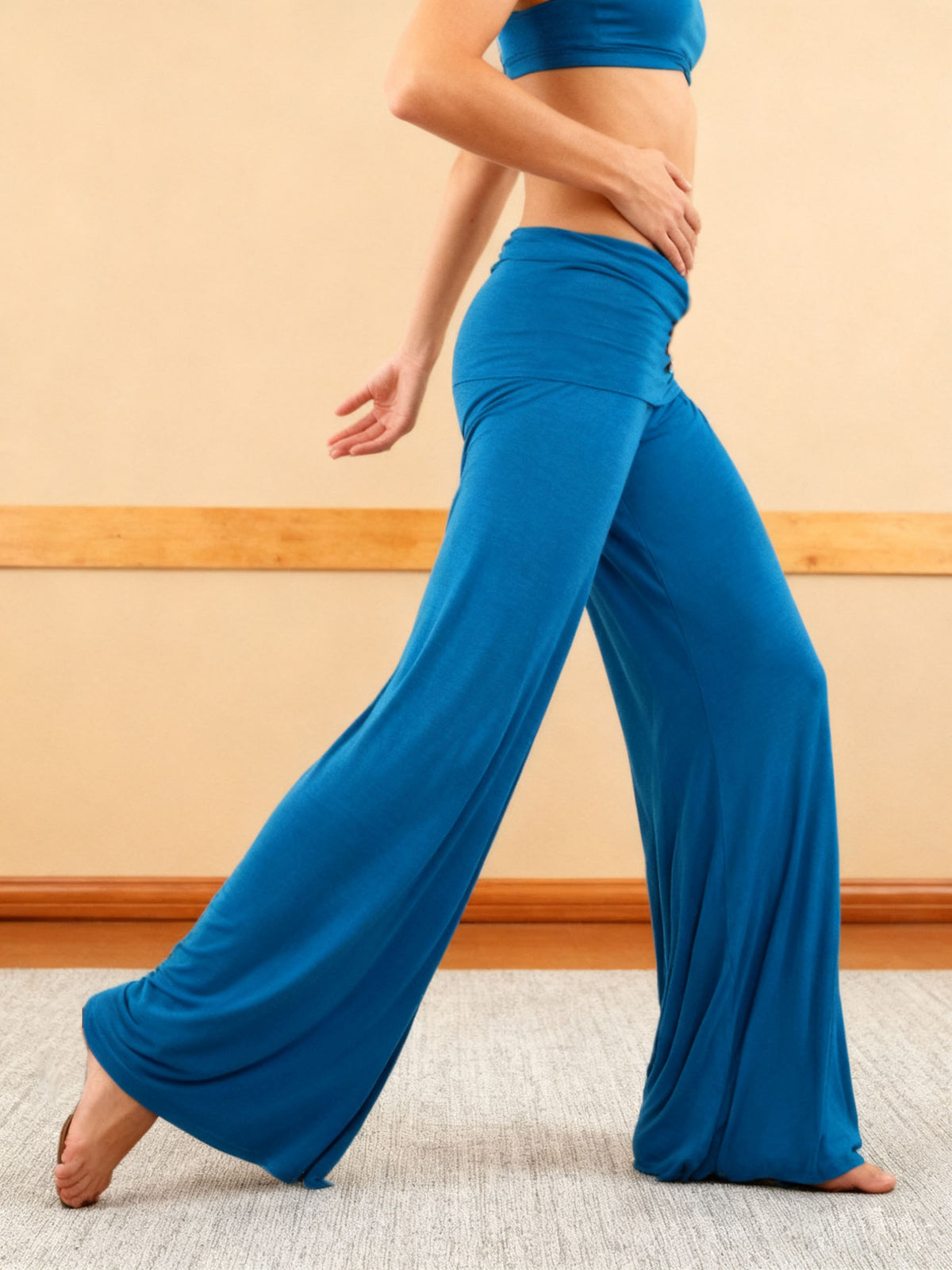 Stretch Jersey Foldover Waist Palazzo Pants - Blue - 3