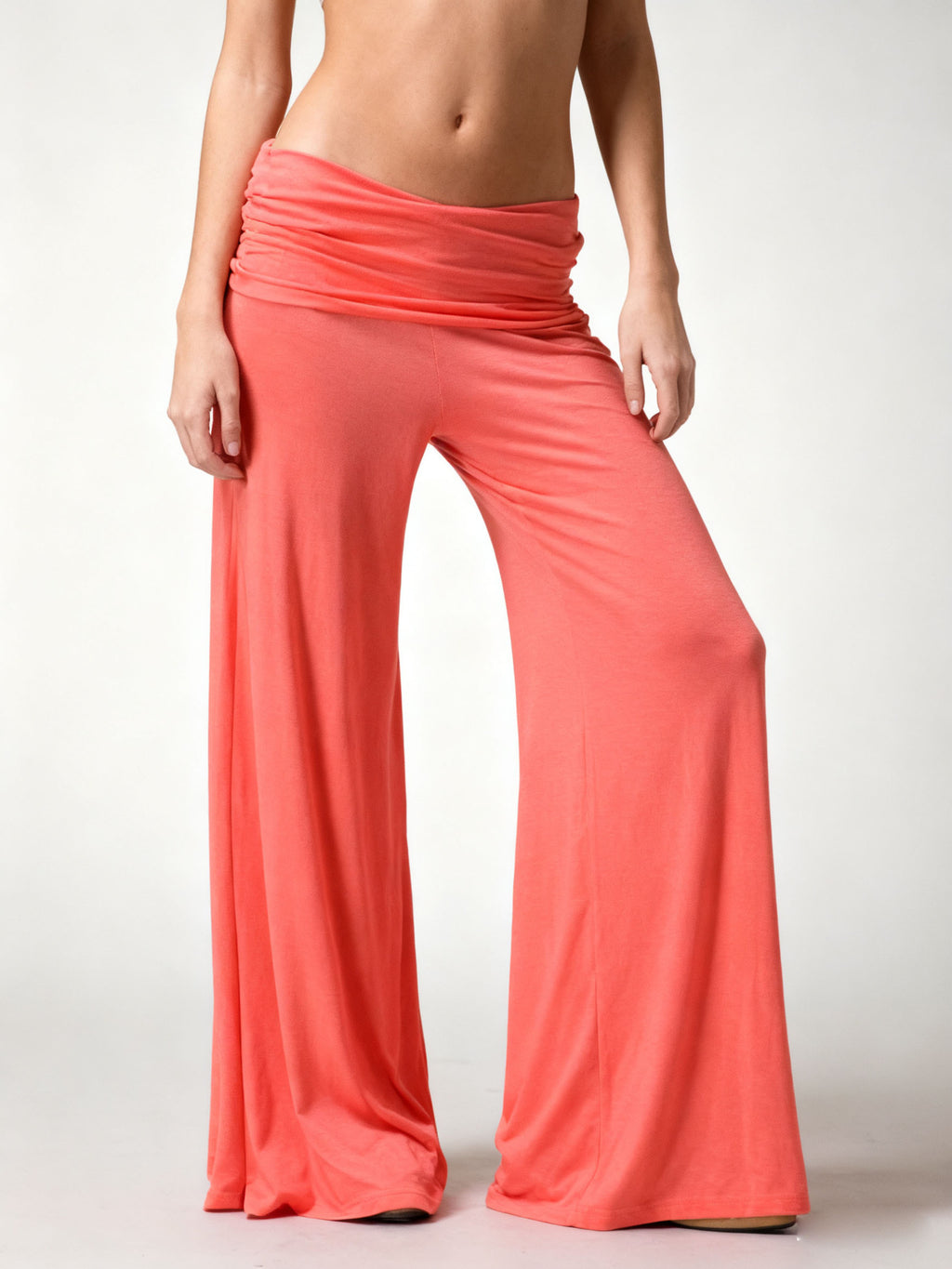 Stretch Jersey Foldover Waist Palazzo Pants - Orange - 1