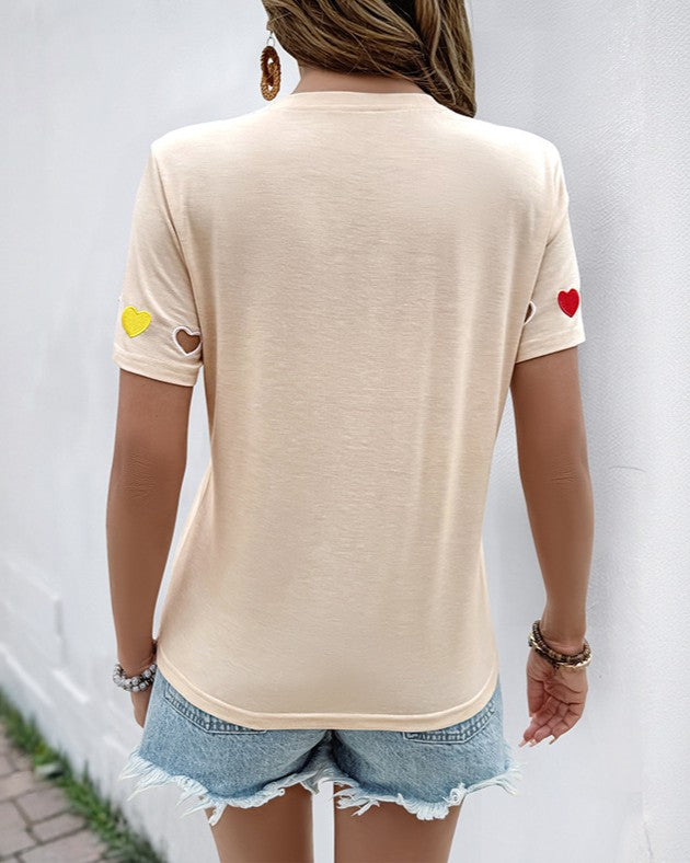 Heart Embroidery Cutout Short Sleeve Tee - Apricot - 3