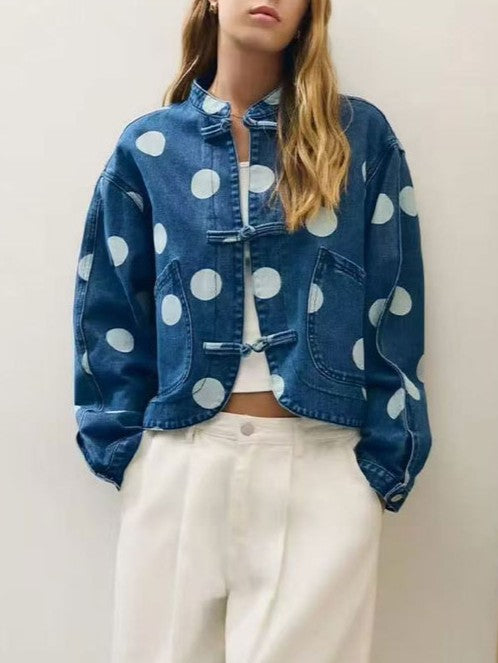 Mandarin Collar Polka Dot Denim Jacket - Blue