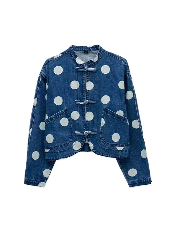 Mandarin Collar Polka Dot Denim Jacket - Blue - 1