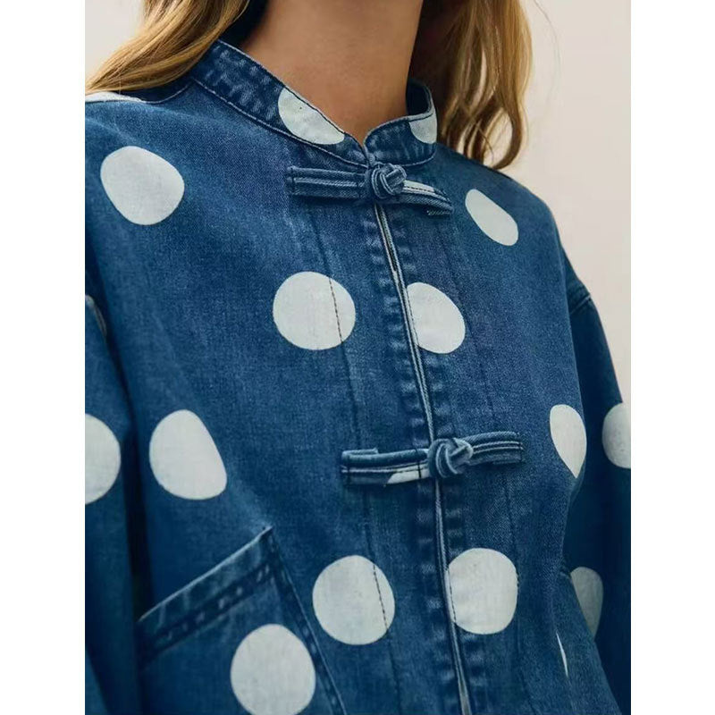 Mandarin Collar Polka Dot Denim Jacket - Blue - 2