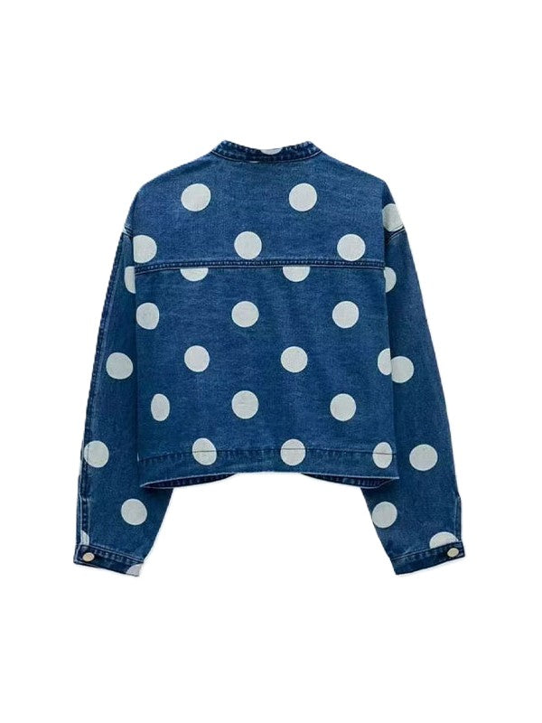 Mandarin Collar Polka Dot Denim Jacket - Blue - 3