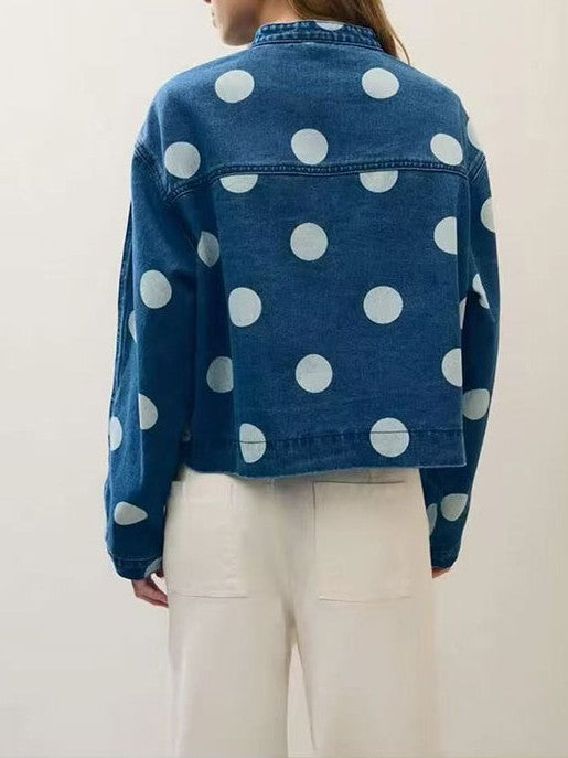 Mandarin Collar Polka Dot Denim Jacket - Blue - 4