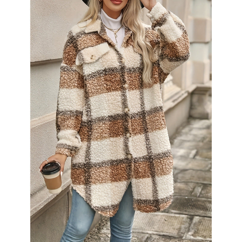 Plaid Sherpa Longline Shacket Coat - Camel