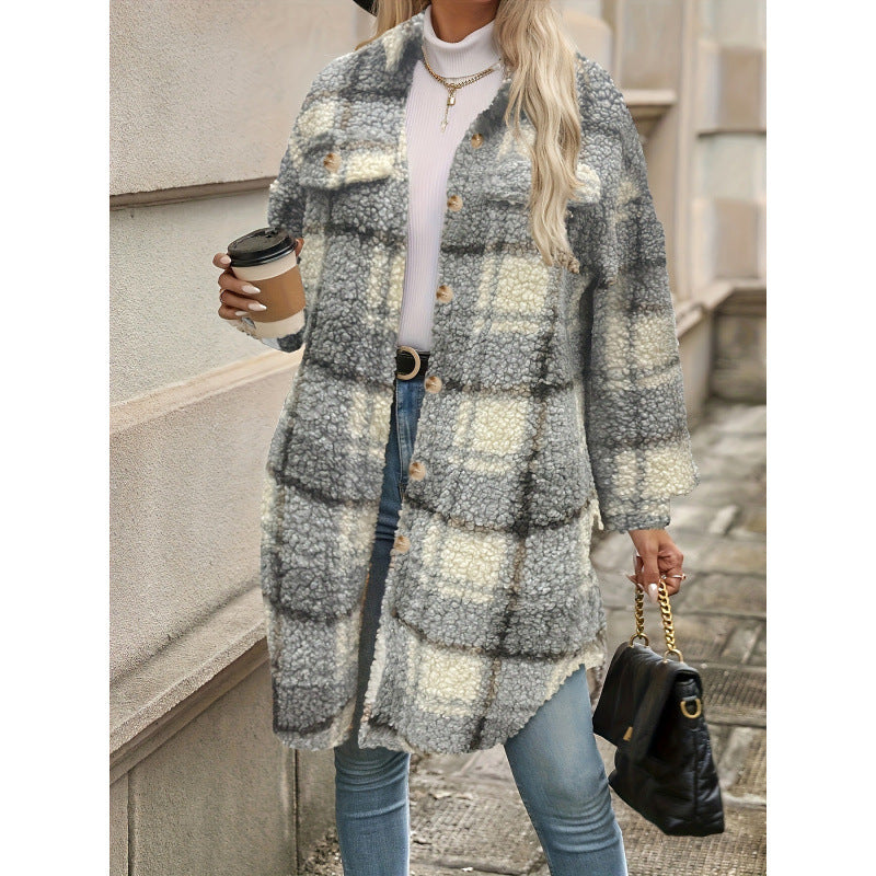 Plaid Sherpa Longline Shacket Coat - Gray
