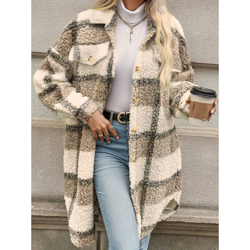 Plaid Sherpa Longline Shacket Coat - apricot