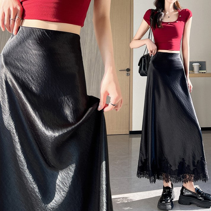 Lace Hem Satin Bias Cut Midi Skirt - Black