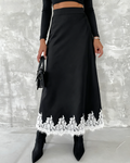 Lace Hem Satin Bias Cut Midi Skirt - Black_W