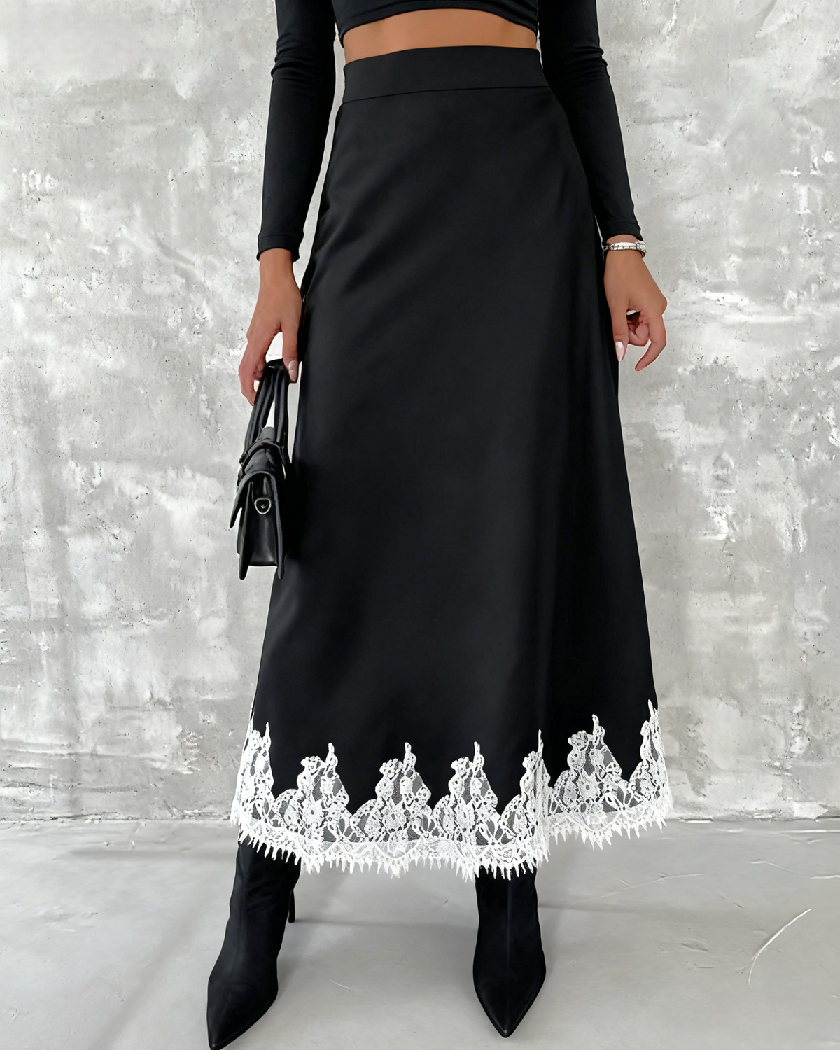 Lace Hem Satin Bias Cut Midi Skirt - Black_W
