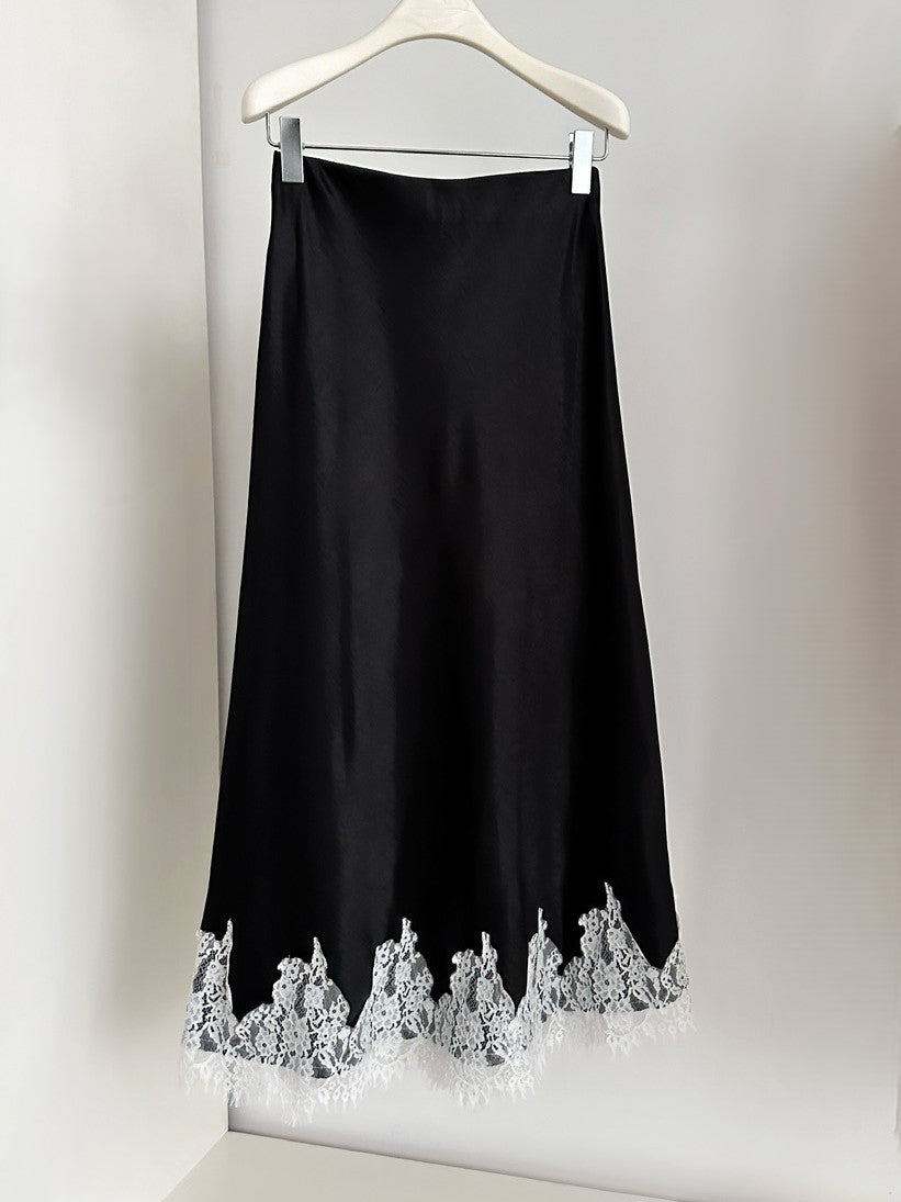 Lace Hem Satin Bias Cut Midi Skirt - Black_W - 1